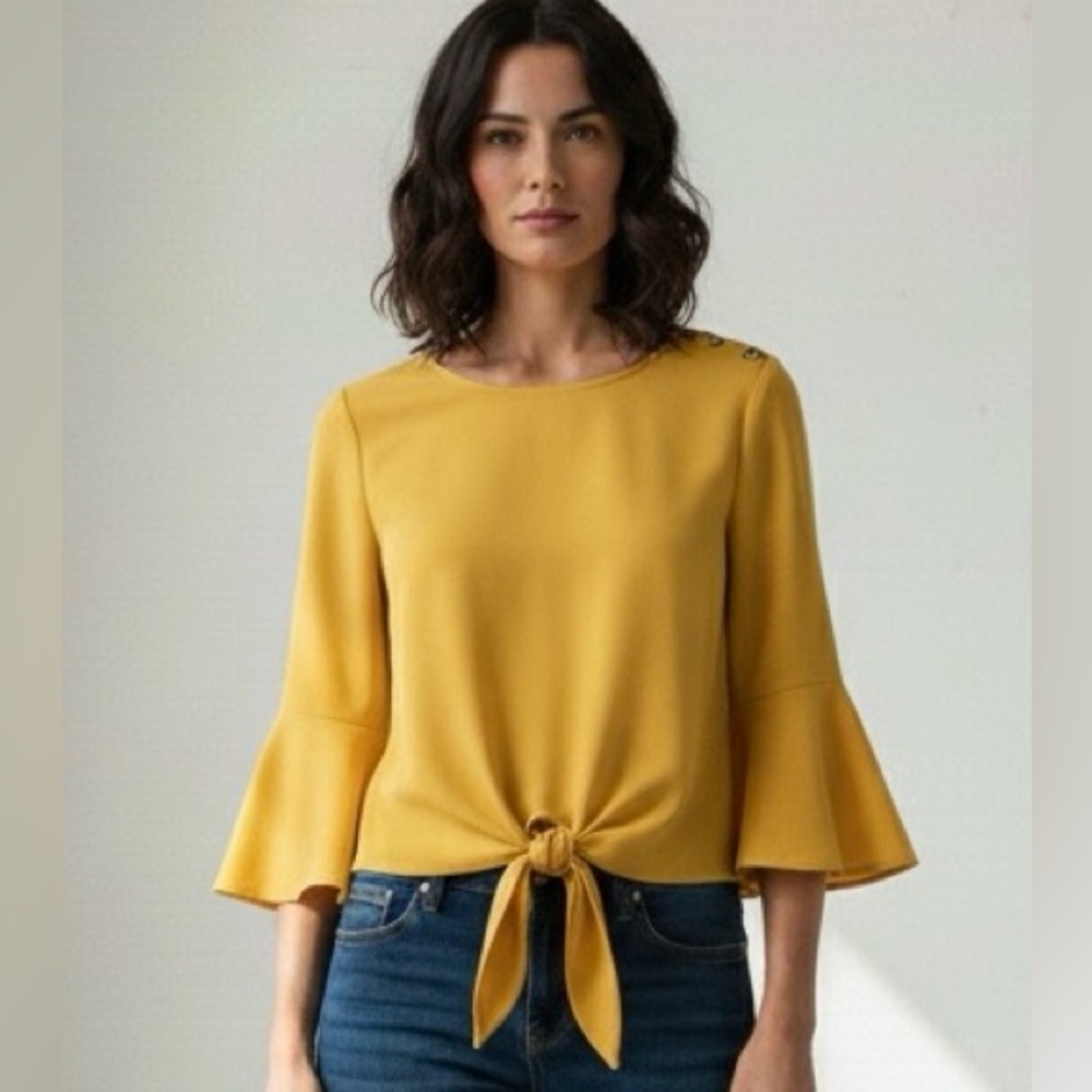 Elodie yellow blouse, hem ties, wide sleeves, back button closure,round neck, S